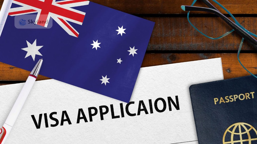 Visa application documents, passport and Australian flag