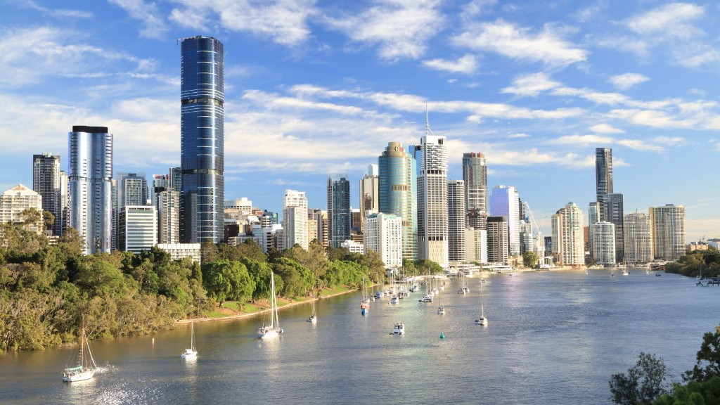 Brisbane skyline along the river with sailboats