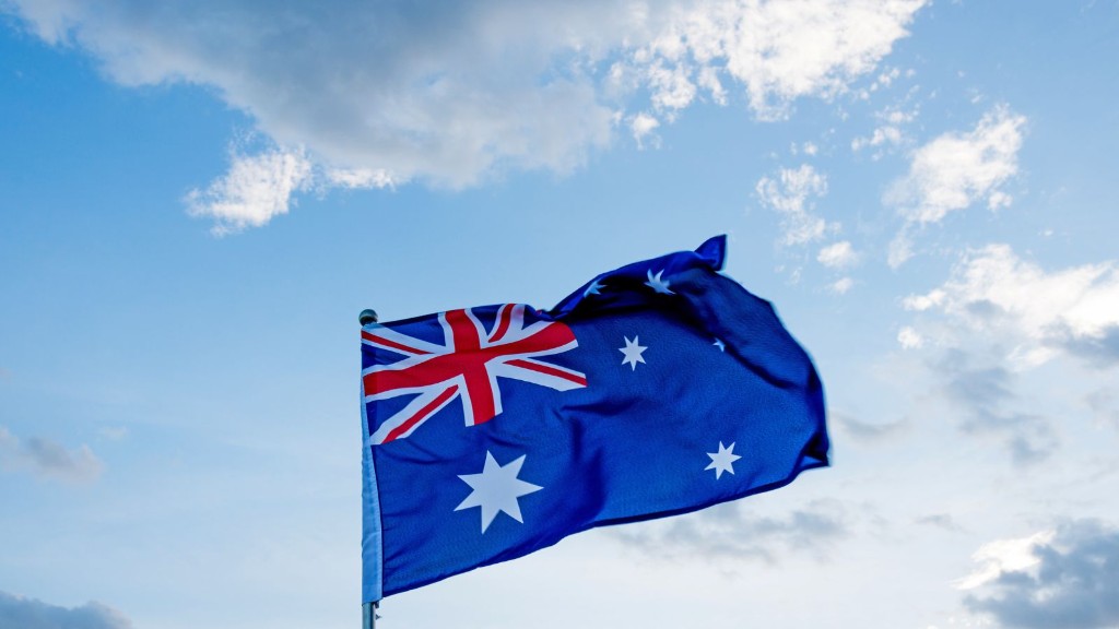 Australian flag waving against a blue sky