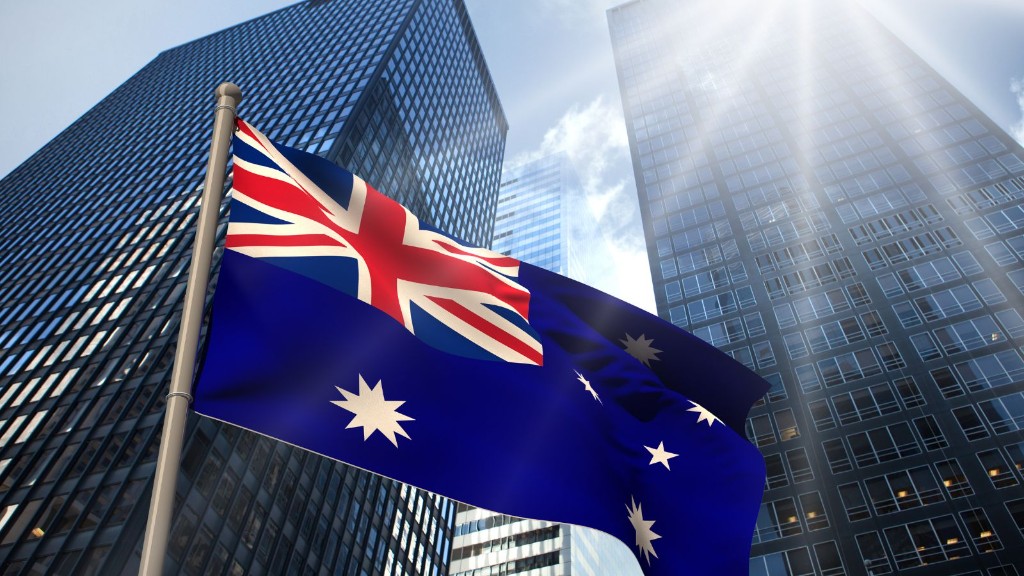 Australian flag in front of Melbourne buildings