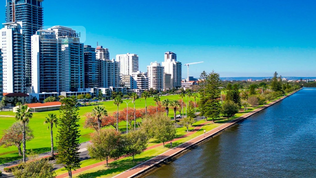 Aerial view of Perth waterfront and parkland
