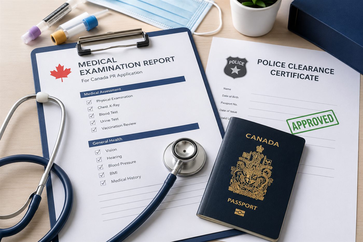 Medical examination report, police clearance and Canadian passport