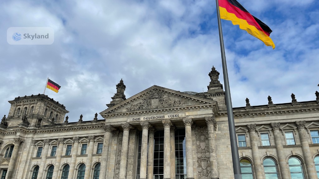 Reichstag building in Berlin with German flags