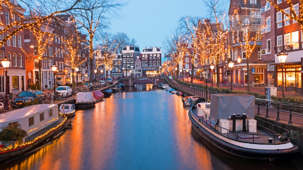 Tulip fields in front of Dutch canal houses