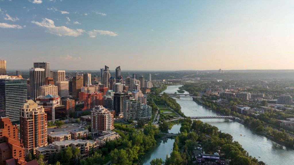 Calgary skyline and Bow River in Alberta