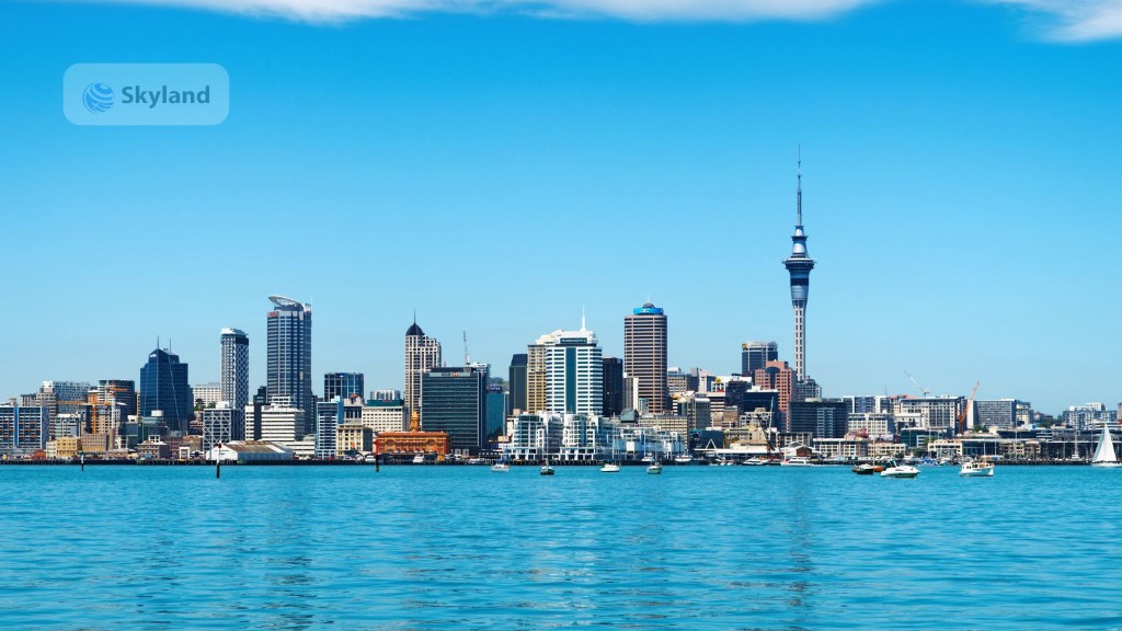 Auckland skyline and Sky Tower across the harbour
