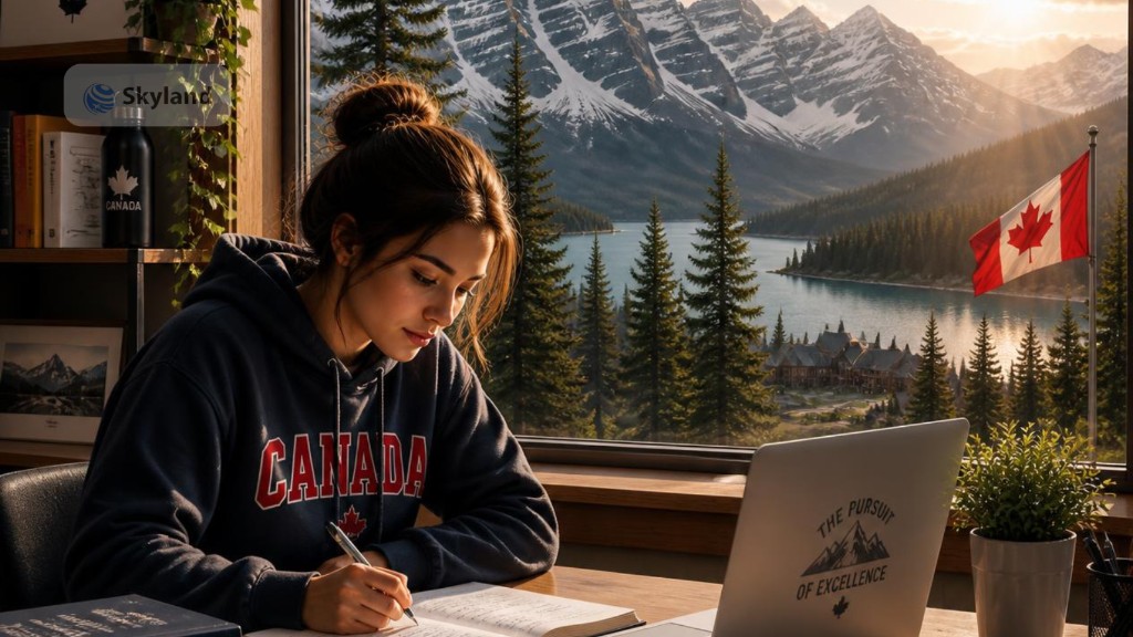 Student studying with a Canada hoodie and mountain view