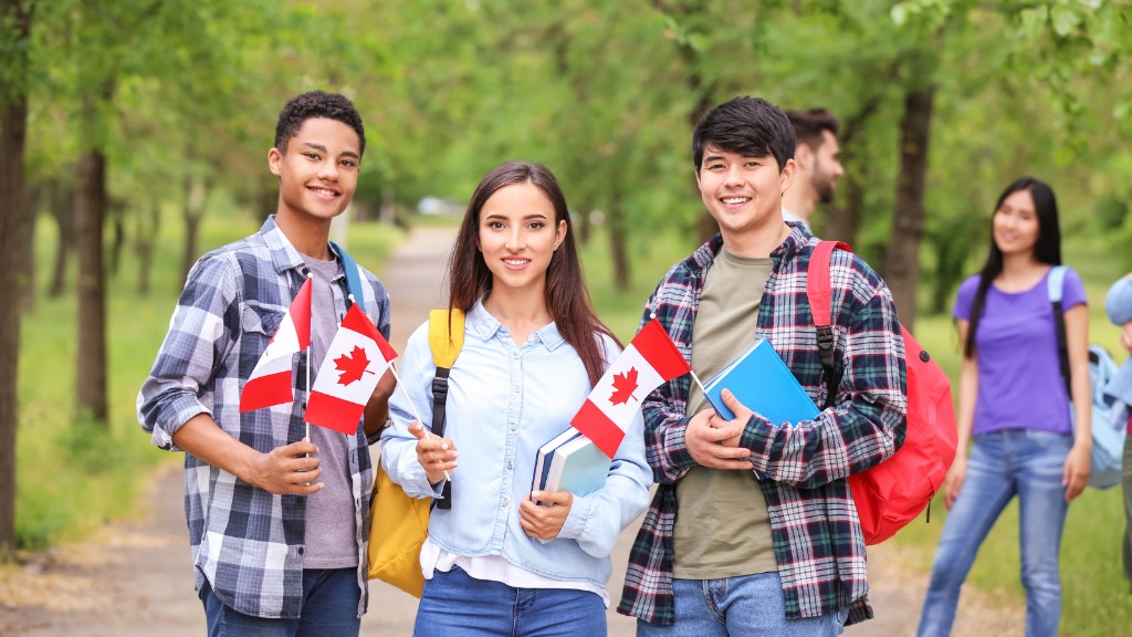 International students holding Canadian flags on campus