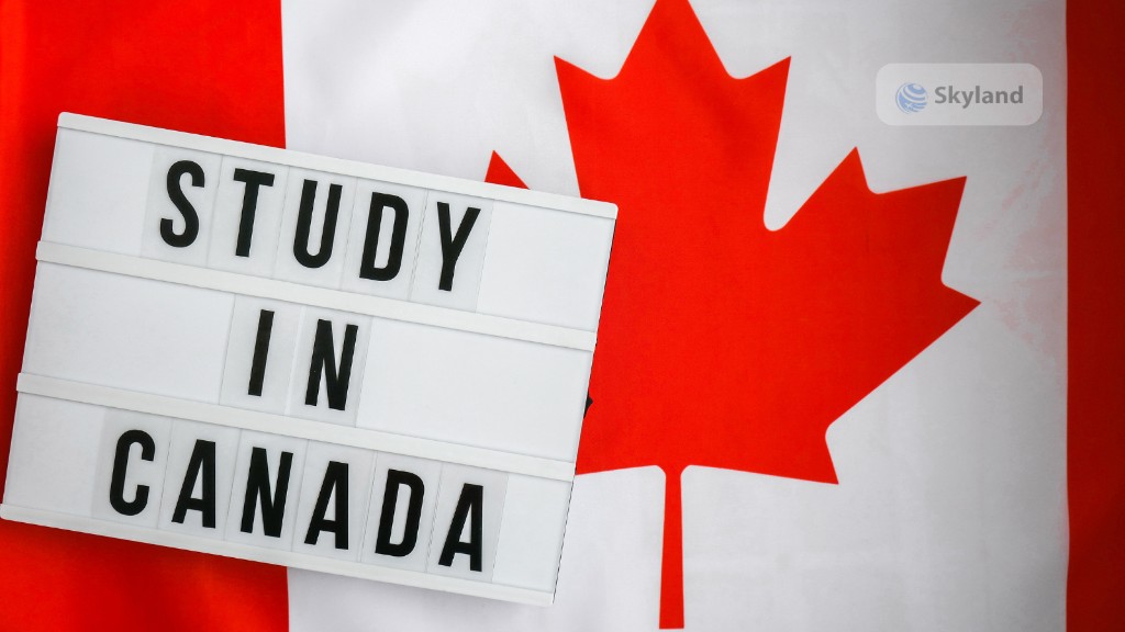 STUDY IN CANADA sign on the Canadian flag