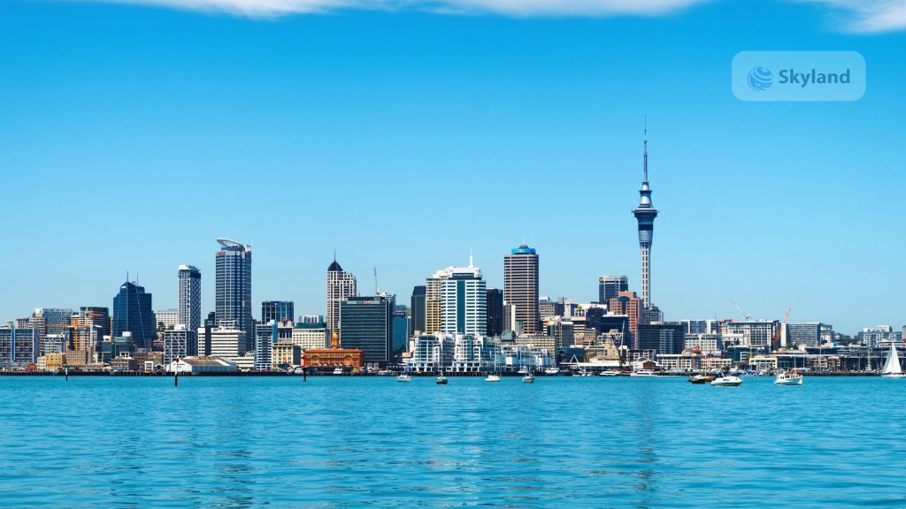 Auckland skyline and Sky Tower across the harbour