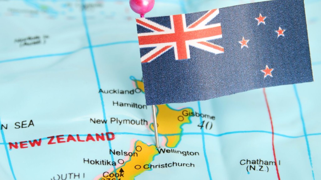 Map of New Zealand with a flag pin at Wellington