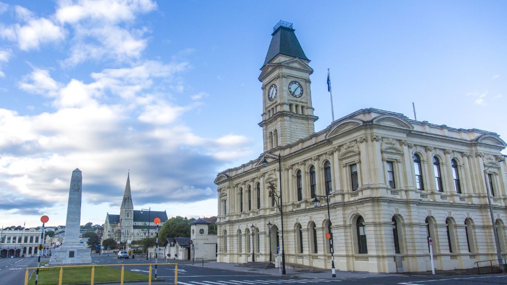 Historic limestone clock tower and town square in Oamaru