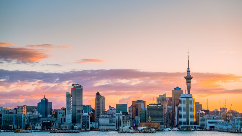 Auckland skyline at sunset across the harbour