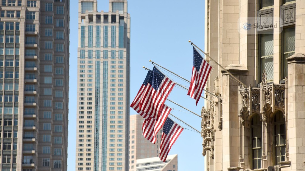 American flags on a historic building with city skyscrapers