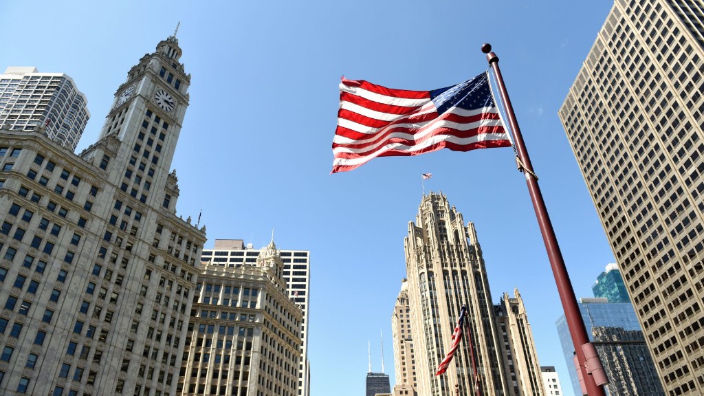 American flag waving among Chicago skyscrapers